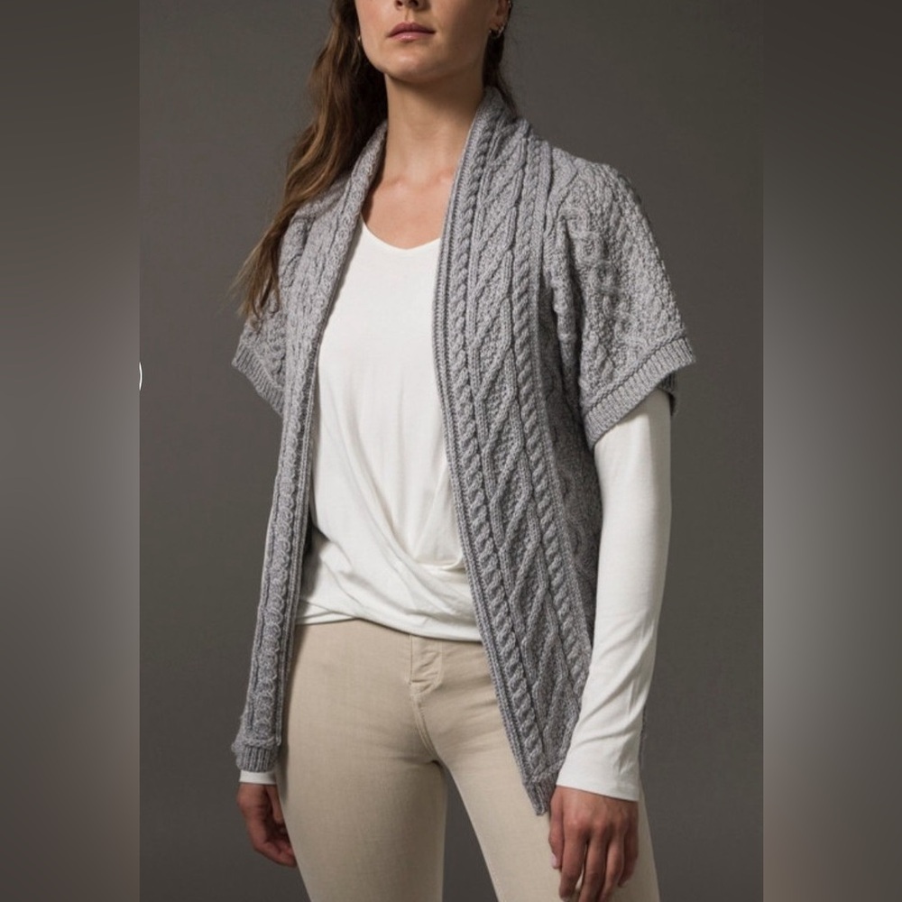 Aran Crafts Merino Wool Irish Fisherman Short Sleeve Cable Cardigan Sweater L